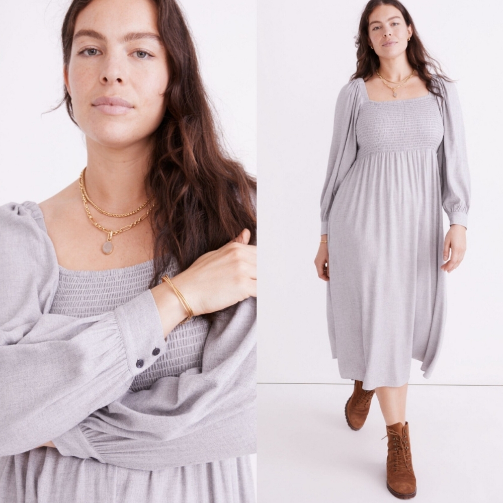 Madewell Lucie Long-Sleeve Smocked Midi Dress in Wool Gauze